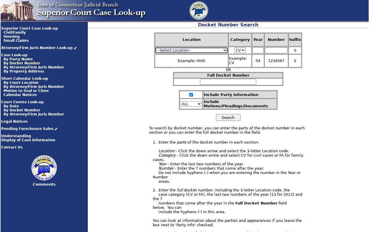 Meriden County court records civil and family docket number search
