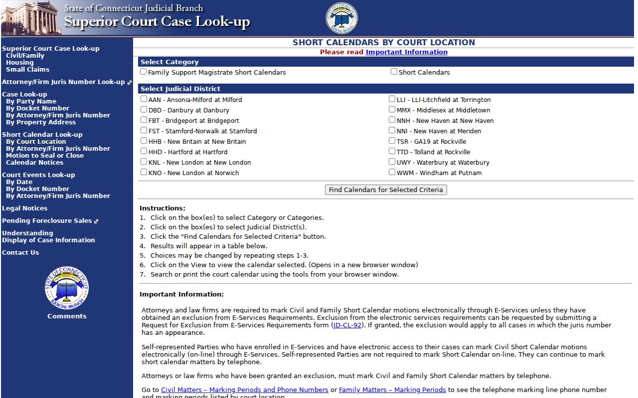 Meriden County court records short calendar lookup by location