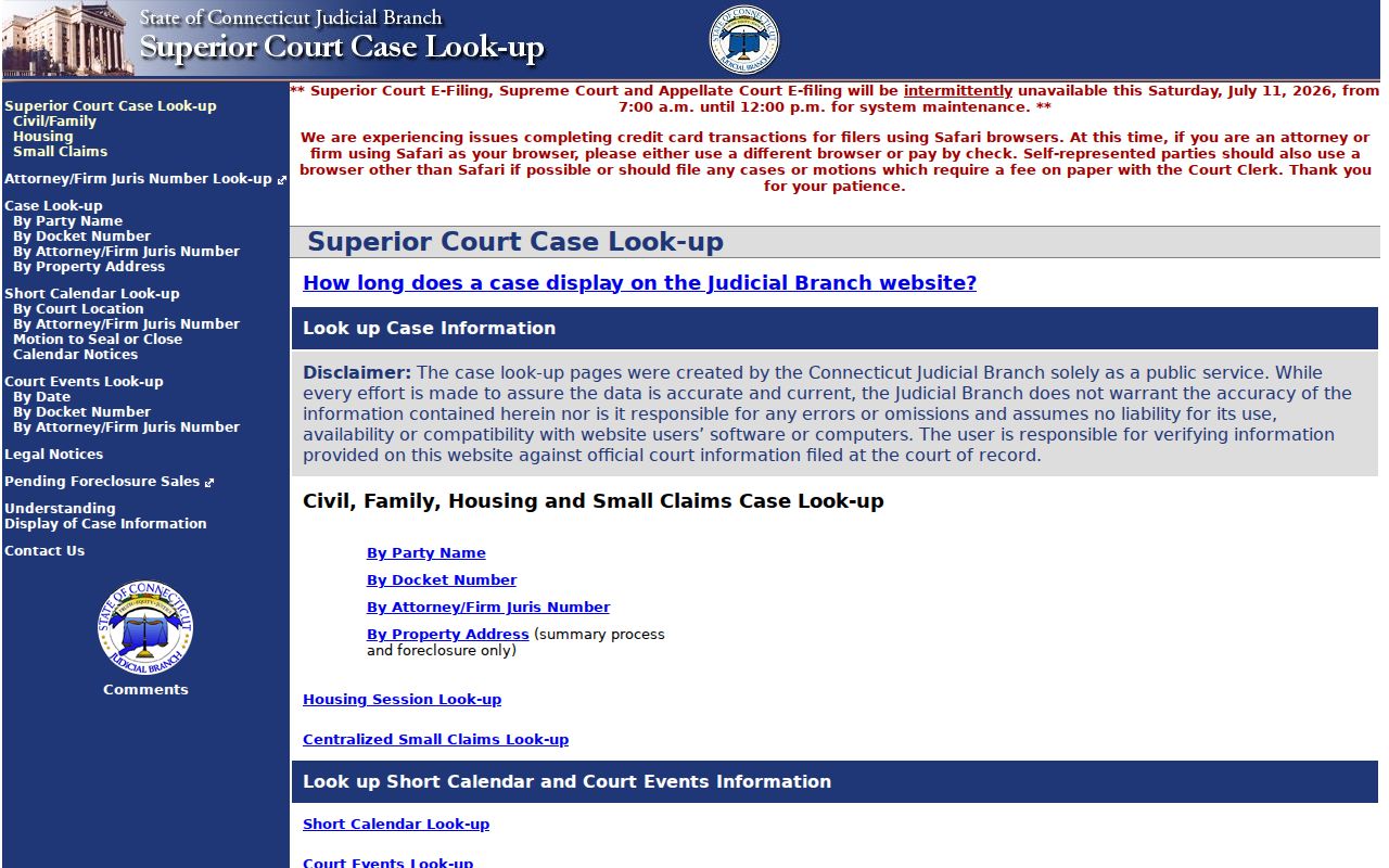 Meriden County court records civil family housing small claims lookup