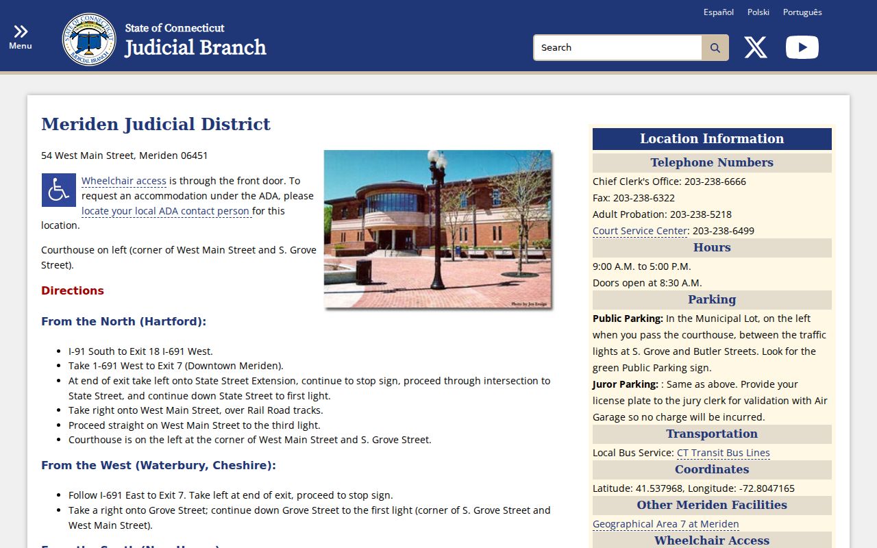 Meriden County court records Meriden Judicial District courthouse directions