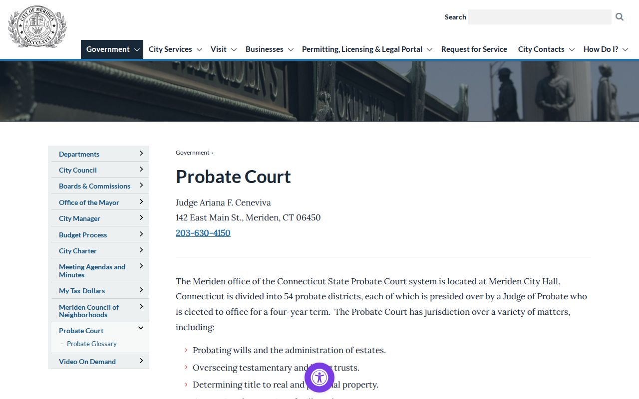 Meriden County probate court records City Hall probate page