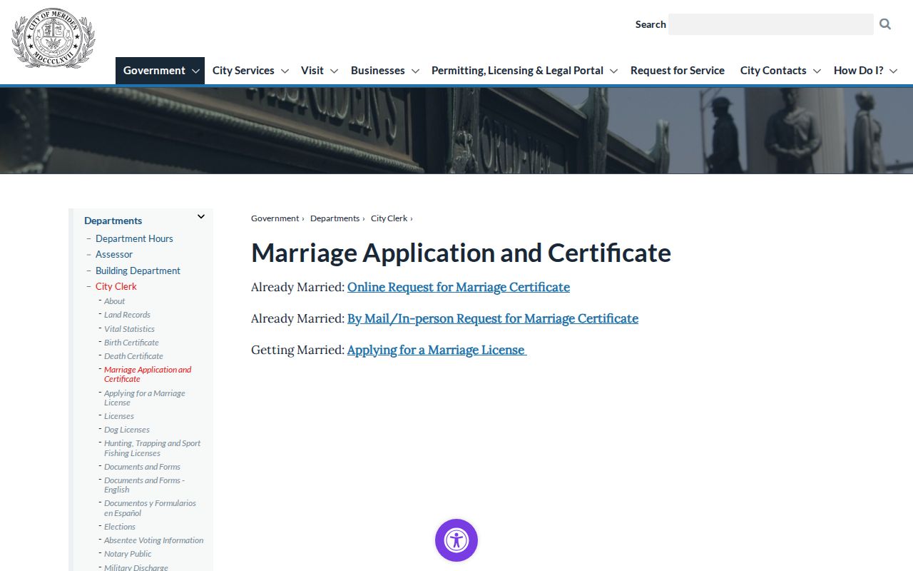 Meriden marriage records application and certificate page