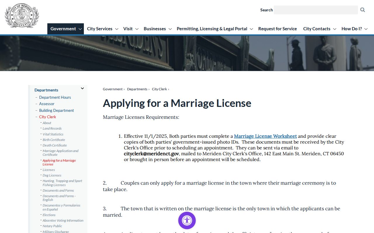 Meriden marriage records license application instructions