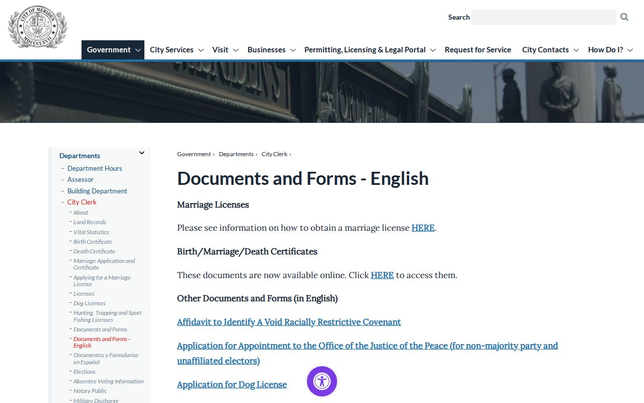 Meriden marriage and divorce records City Clerk documents and forms