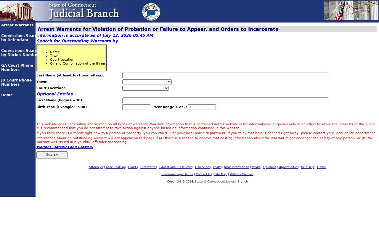 Meriden County warrant search through the Judicial Branch arrest warrants link